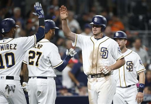 San Diego Padres' Wil Myers high-fives teammates after hitting a three-run home run against the Baltimore Orioles during the seventh inning of a baseball game Tuesday, June 28, 2016, in San Diego. It was Myers' 11th home run in June, setting a new Padres record. (AP Photo/Lenny Ignelzi)