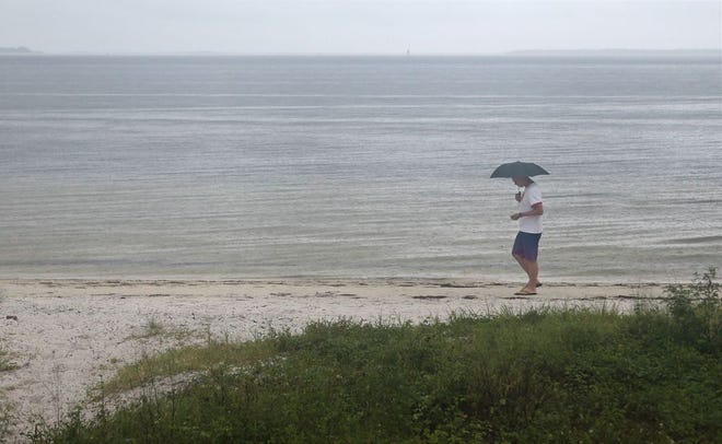 Mike Osborn searches for shells in the pouring rain Thursday along Beach Drive in Panama City. In the panicked aftermath of an Atlanta weatherman's announcement Wednesday that waters in the Florida Panhandle had toxic levels of flesh-eating bacteria, officials have worked to correct the message. No swim advisories were in effect in Bay, Gulf or Franklin counties as of Thursday afternoon, according to the Florida Department of Health.