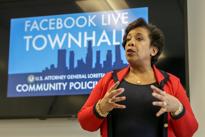 Attorney General Loretta Lynch at a Facebook Live Town Hall meeting on Thursday June 30, 2016 in Playa Vista campus. Attorney General Loretta Lynch is visiting Los Angeles as part of Community Policing Tour. Former President Bill Clinton spoke with Lynch during an impromptu meeting in Phoenix, but Lynch said the discussion did not involve the investigation into Hillary Clinton's email use as secretary of state. (Irfan Khan / Los Angeles Times) /Los Angeles Times via AP)
