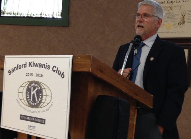 Paul O'Connor, the chairman of the Seacoast Shipyard Association, addresses the Sanford Kiwanis Club at the Elks Lodge on Wednesday, June 29. PHOTO BY SHAWN P. SULLIVAN