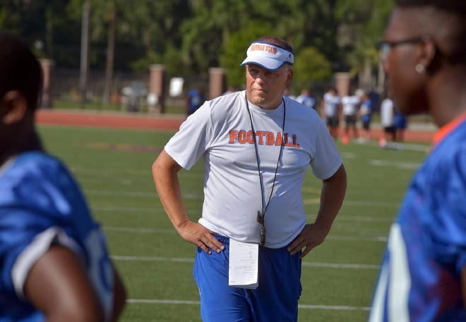 Savannah State head coach Erik Raeburn at a football camp held at Wright Stadium. (Steve Bisson/Savannah Morning News)