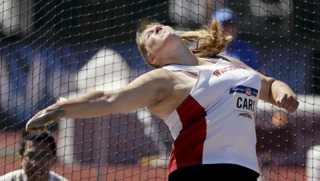 Kelsey Card competes during the final for the women's discus throw at the U.S. Olympic Track and Field Trials, Saturday, July 2, 2016, in Eugene Ore. (AP Photo/Matt Slocum)