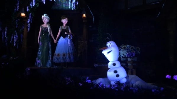 Animatronics of Anna, Elsa and Olaf appear throughout in Frozen Ever After, a new attraction in Epcot at Walt Disney World. (Dewayne Bevil/Orlando Sentinel/TNS)