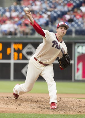 The Phillies' Jerad Eickhoff throws a pitch during the seventh inning against the Atlanta Braves on Monday, July 4, 2016, in Philadelphia. The Phillies won 8-2.