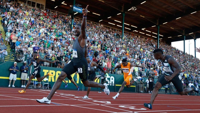 Justin Gatlin wins the 100-meter final in 9.80 with Trayvon Bromell (left) and Marvin Bracy (right) finishing second and third at the 2016 U.S. Olympic Track and Field Trials at Hayward Field in Eugene, Ore., on Sunday, July 3, 2016. (Andy Nelson/The Register-Guard)