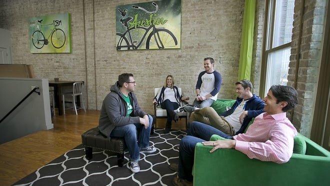 (USE THIS PHOTO AS LEAD) Rob Taylor, far right, CEO of Pivot Freight with the current staff of his company in their downtown offices in Austin Techstars. Also pictured are from L-R: Dan Bebout, President, Jenny Bebout, CXO, Carson Krieg, COO, and Dane Francis, Business Development. Pivot Freight is an Austin startup that secured funding in the last quarter of 2014 for $2.8 million to add staff as Venture capitalists invested $620.6 million in Austin companies in 2014, a 40 percent jump over the previous year. 
      RALPH BARRERA/ AMERICAN-STATESMAN