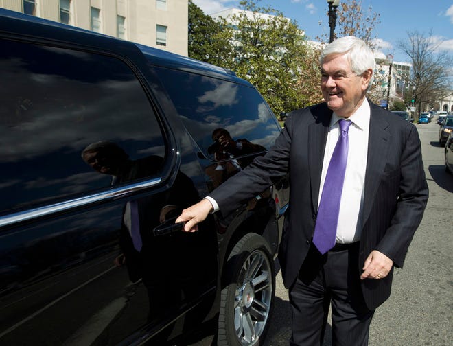 FILE - In this March 21, 2016 file photo, former House Speaker Newt Gingrich leaves after a closed-door meeting with Republican presidential candidate Donald Trump, in Washington. Trump has narrowed down his vice presidential shortlist to a handful of contenders. While the presumptive GOP nominee is known for throwing curveballs, here's a look at some of the men and women he is said to be considering: Gingrich, Chris Christie, Mike Pence, and others. ( AP Photo/Jose Luis Magana, File)