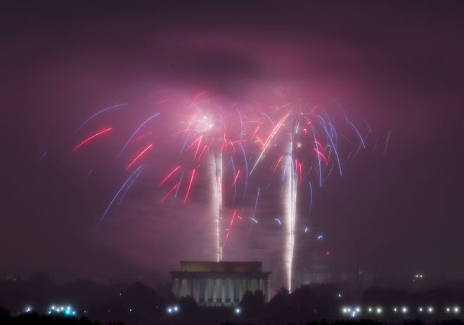 Fireworks explode over Lincoln Memorial at the National Mall in Washington, D.C., as seen from Arlington, Va. during the Fourth of July celebration on Monday, July 4, 2016.