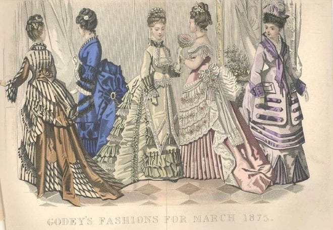 Godey's Lady's Book circulated throughout the United States. Its engravings, such as the one above, showed up-to-date female fashion, and women who received the magazine could use the engravings to show the dressmaker what they wanted.
