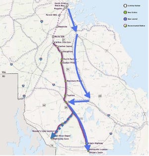 A map depicting the Middleborough and Stoughton rail routes.