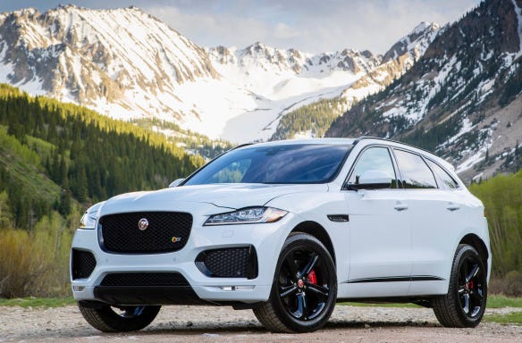 Jaguar’s new F-Pace “family sports car” comes in four trim levels and with a choice of a 180HP diesel Four or 340HP or 380HP 3.0-liter gas V-6s. Prices range from the low 40s to the upper 50s, plus add-ons ranging from 22-inch forged-aluminum wheels to onboard WiFi for up to eight gadgets and a unique “activity key.” Note the short overhangs for large door openings and plenty of space. (Jaguar)