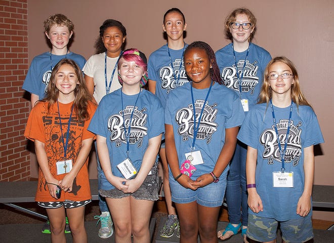 Southwestern Oklahoma State University’s middle school band camp attracted 256 students. Among those attending were, from left, front row, Morgan Weber, of Oklahoma City; McKenna Pitt, of Oklahoma City; Joyia Parks, of Edmond; and Sarah Spring, of Oklahoma City, and back row, Xaiver Applegate and Mya Rowland, both of Oklahoma City, and Halle McFarlane and Kristen Brandon, both from Edmond. [Photo provided by SWOSU]