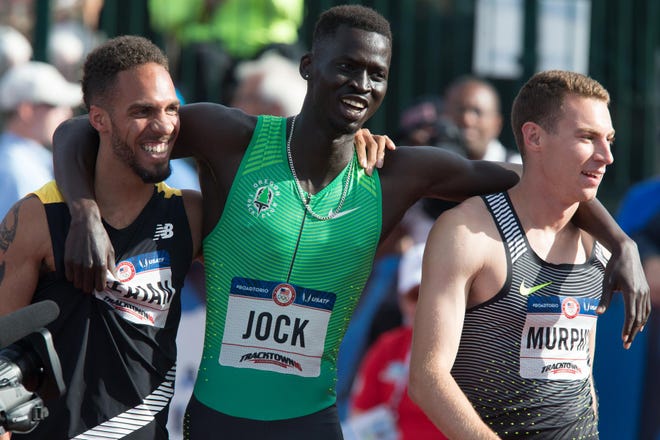 Boris Berian (left), with Charles Jock and Clayton Murphy after the 800 meters at the 2016 U.S. Olympic Track and Field Trials at Hayward Field in Eugene, Ore., on Monday, July 4, 2016. (Brian Davies/The Register-Guard)