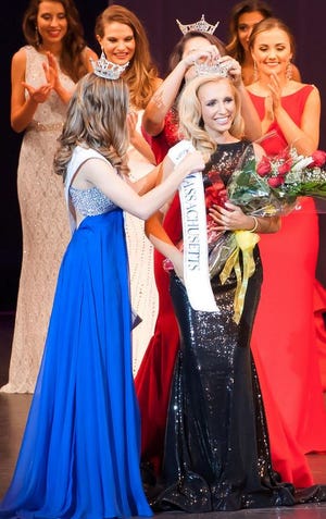 Miss Massachusetts 2016 Alissa Musto of Rehoboth is crowned by Meagan Fuller, Miss Massachusetts 2015.
