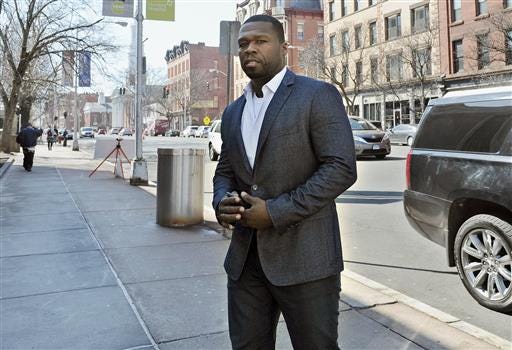 In this Wednesday, March 9, 2016, file photo, Curtis "50 Cent" Jackson arrives at court for a federal bankruptcy hearing in Hartford, Conn. (AP Photo/Jessica Hill)