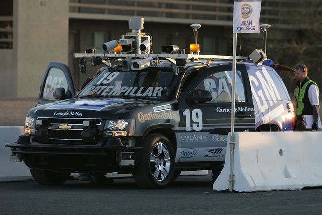 A Chevy Tahoe, with autonomous capabilities added by Carnegie Mellon University researchers, navigated a 55-mile urban course in a 2007 competition in California. The vehicle has more than a dozen sensors and averaged a speed of 14 mph during the challenge.