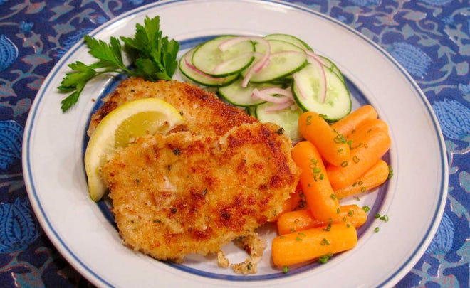 These pork chops are coated in a mixture of panko breadcrumbs, which provide crunch, and seasoned breadcrumbs, which glue all of the breadcrumbs together.