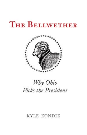 This image released by Ohio University Press shows the cover of “The Bellwether,” by Kyle Kondik. Just in time for the Cleveland-hosted Republican National Convention and as the general election campaign heats up, the new book examines Ohio’s importance in picking the nation’s president. (Ohio University Press via AP)