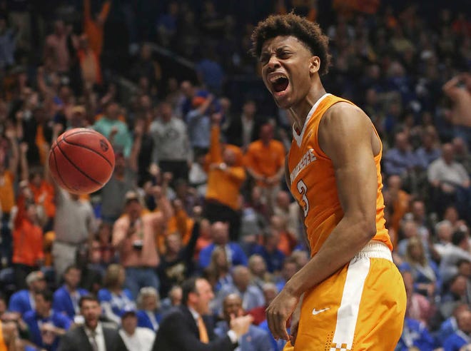 FILE - In this March 11, 2016, file photo, Tennessee's Robert Hubbs III (3) reacts after making a basket against LSU during the second half of an NCAA college basketball game in the Southeastern Conference tournament in Nashville, Tenn. For the first time in his college career, Hubbs isn't having to adjust to a new head coach. Hubbs, one of the few upperclassmen on Tennessee's roster, is hoping that stability will help him deliver a breakthrough season. (AP Photo/John Bazemore, File)