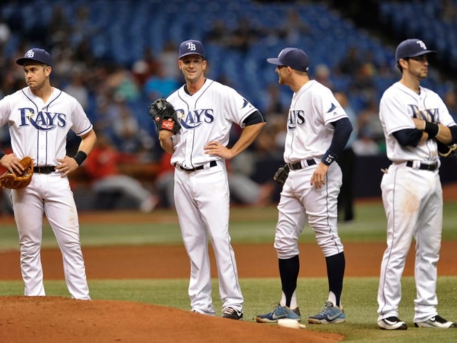Tampa Bay Rays' Evan Longoria, from left, Drew Smyly, Brad Miller and Nick Franklin stand near the mound as umpires review a hit-by-pitch call on Los Angeles Angels' Yunel Escobar during the fourth inning of a baseball game Wednesday, July 6, 2016, in St. Petersburg. The call was reversed after the video review.