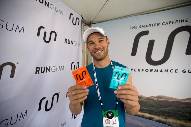 Nick Symmonds was hanging out in his Run Gum tent along 15th Street, outside of the Fan Festival at Hayward Field in Eugene, Ore., on Thursday, July 7, 2016. (Chris Pietsch/The Register-Guard)