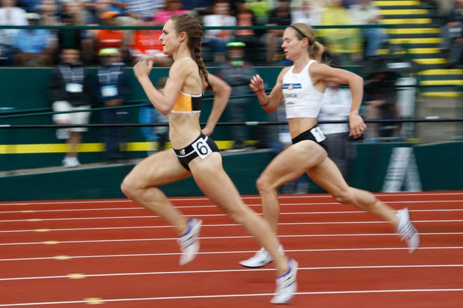 Jenny Simpson wins her heat of the 1,500 meters in 4:17.31 at the 2016 U.S. Olympic Track and Field Trials at Hayward Field in Eugene, Ore., on Thursday, July 7, 2016. (Andy Nelson/The Register-Guard)