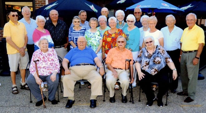 Pictured from left to right are (front row) Carol Polzinski Cline, Ross Byers, Robert Smoker, Connie Polczinski and (second row) Jay Sponsler, Betty Horkey Williams, Anne Schlautmann Houghton, Dixie Rifenburgh Rice, Norma Hopkins Snyder, Ruth Gregg Hite, Thelma Smith Wonders, Frances George Hartman, Robert Rippe, Phil Himebaugh. Courtesy photo