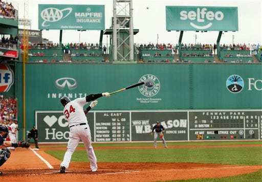 Boston Red Sox designated hitter David Ortiz hits an opposite field two-run home run against the Tampa Bay Rays during the first inning of a baseball game at Fenway Park in Boston Sunday, July 10, 2016. (AP Photo/Winslow Townson)