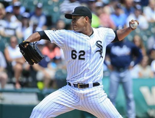 Chicago White Sox starter Jose Quintana delivers a pitch during the first inning of a baseball game against the Atlanta Braves, Saturday, July 9, 2016, in Chicago. (AP Photo/Kamil Krzaczynski)