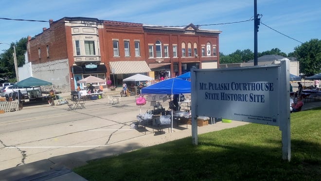 The first Vinegar Hill Market Day on Saturday in Mount Pulaski was a success with 20 vendors selling goods. The picture perfect day with moderate temperatures provided a wonderful backdrop for shoppers to look for fresh produce, baked goods and the one of a kind gift. The next event is scheduled Aug. 13 on the square in Mount Pulaski. Photo by Jean Ann Miller/The Courier