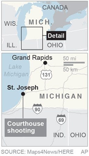 Two bailiffs were shot and killed Monday inside a southwestern Michigan courthouse before officers killed the gunman, a sheriff said. Graphic: AP