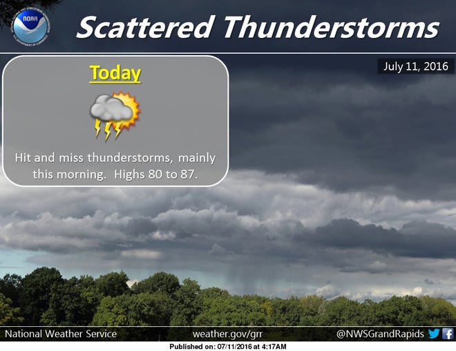Rain and scattered thunderstorms are expected through West Michigan on Monday morning, July 11. Contributed