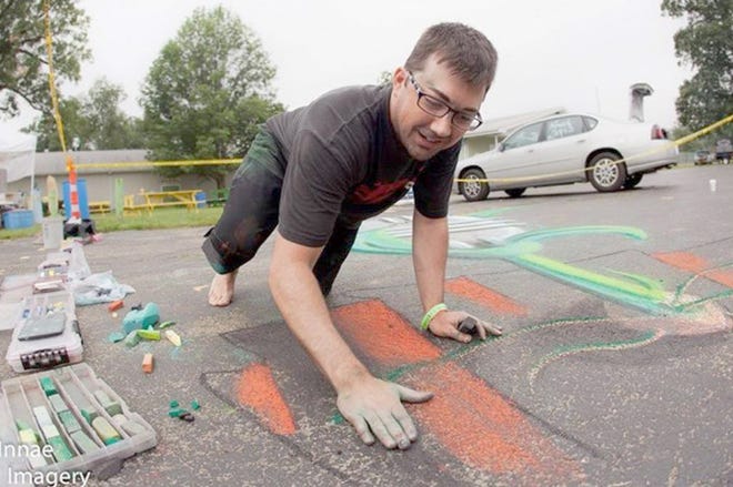 Chalk artist Shaun Hayes will create 3-D artworks on the former go-kart track west of the Station House restaurant in downtown Kewanee, during this weekend’s Prairie Chicken Chalk Art Festival.