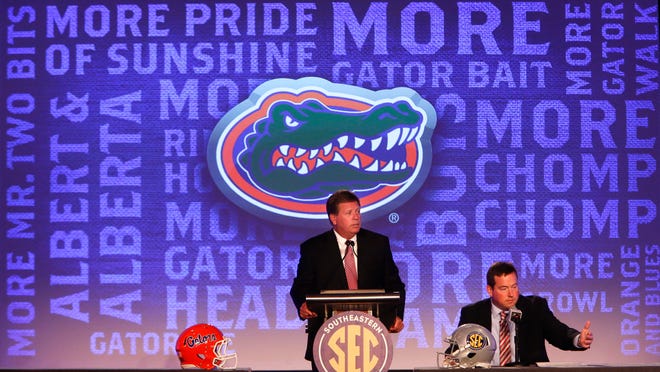 Florida Head Coach Jim McElwain speaks to the media during SEC Media Days in Hoover Monday, July 11, 2016. Staff Photo/Gary Cosby Jr.