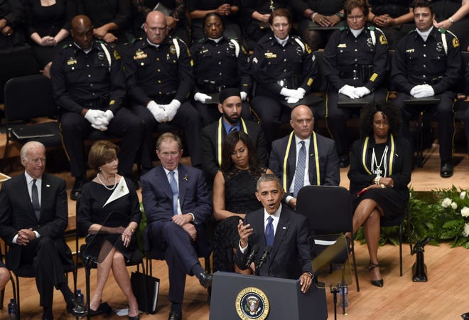 President Barack Obama speaks an interfaith memorial service for the fallen police officers and members of the Dallas community, Tuesday, July 12, 2016, at the Morton H. Meyerson Symphony Center in Dallas, Tuesday, July 12, 2016. (AP Photo/Susan Walsh)