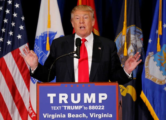 Republican Presidential candidate Donald Trump gestures during a speech in Virginia Beach, Va., Monday, July 11, 2016. (AP Photo/Steve Helber)