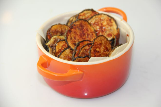 These BBQ zucchini chips are from a recipe by Melissa d'Arabian. (Melissa d'Arabian via AP)