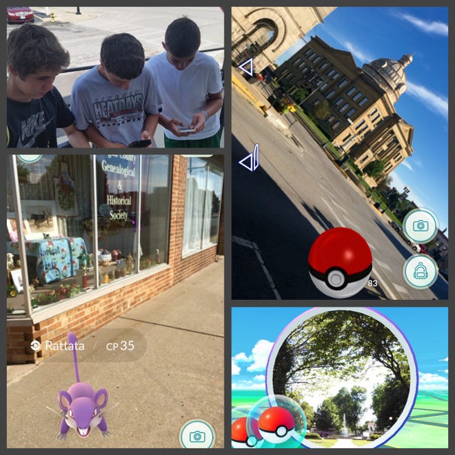 Left to right in the top left corner- Dylan Dressel, Justin Horchem, and Dryden Pozsgai, all 14-year-old Lincolnites, were downtown Tuesday with dozens of others playing the new app Pokemon Go, a game that is screenshotted in the other boxes. Photos by The Courier.