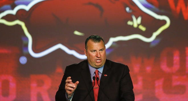 Arkansas coach Bret Bielema speaks to the media at the Southeastern Conference NCAA college football media days, Wednesday, July 13, 2016, in Hoover, Ala. (AP Photo/Brynn Anderson)