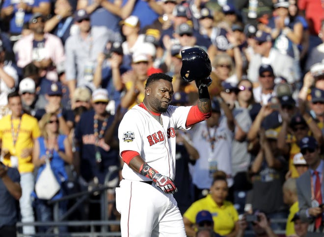 American League's David Ortiz, of the Boston Red Sox, acknowledges the crowd while leaving the game during the second inning of All-Star Game Tuesday in San Diego. Associated Press