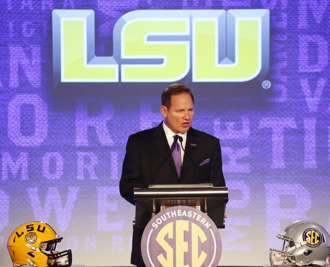 LSU coach Les Miles gives his opening speech Thursday during SEC Media Days at The Wynfrey Hotel in Hoover, Ala. (Gary Cosby Jr./GATEHOUSE MEDIA SERVICES)