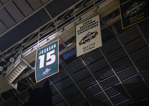 Lauren Jackson's retired Seattle Storm jersey No. 15 hangs next to banners representing two WNBA basketball championships she helped win, following the Storm's 80-51 win over the Washington Mystics on Friday, July 15, 2016, in Seattle. (Lindsey Wasson/The Seattle Times via AP)