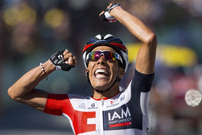 Colombia’s Jarlinson Pantano crosses the finish line to win the fifteenth stage of the Tour de France cycling race over 99 miles from Bourg-en-Bresse to Culoz, France, on Sunday. Associated Press/Peter Dejong