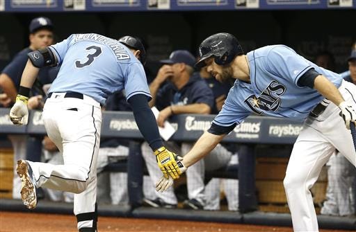 Tampa Bay Rays third baseman Evan Longoria (3) is congratulated by right fielder Steven Souza Jr. (20) after a home run during the first inning of a baseball game against the Baltimore Orioles, Sunday, July 17, 2016, in St. Petersburg, Fla. (AP Photo/Reinhold Matay)