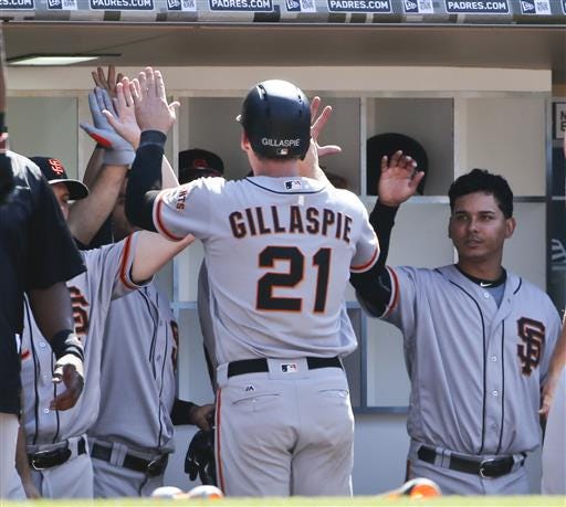 San Francisco Giants' Conor Gillaspie high-fives teammates after hitting a three-run home run against the San Diego Padres in the seventh inning of a baseball game Sunday, July 17, 2016, in San Diego. (AP Photo/Lenny Ignelzi)