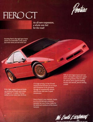Advertisement for the enhanced 1988 Pontiac Fiero GT explains its updates to the suspension and engine. The year 1988 was the last year for Fiero, and was the only small two-seater that sold with respectable numbers. (Advertisement compliments General Motors)