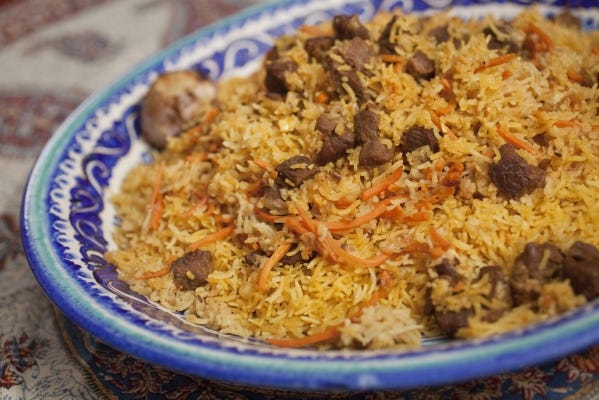Plov with lamb, carrots, basmati rice and spices.