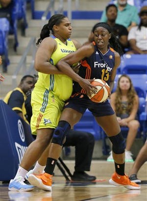 Dallas Wings' Courtney Paris, left, defends as Connecticut Sun forward Chiney Ogwumike (13) positions for a shot attempt in the first half of an WNBA basketball game, Wednesday, July 20, 2016, in Arlington, Texas. (AP Photo/Tony Gutierrez)