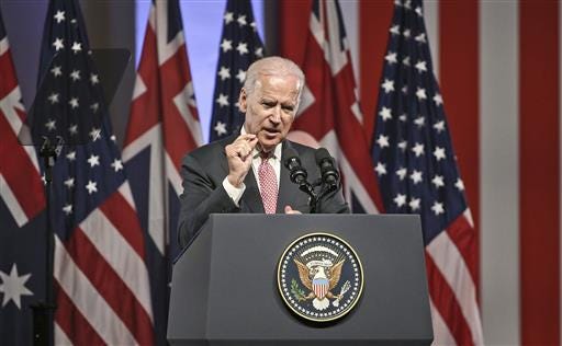 U.S. Vice President Joe Biden delivers a major policy speech at the Paddington Town Hall in Sydney, Australia, Wednesday, July 20, 2016. Biden is in Australia as part of a tour of the Pacific.(AP Photo/Rob Griffith)
