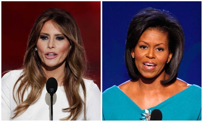 Melania Trump, left, speaks during the opening day of the Republican National Convention in Cleveland on Monday, and first lady Michelle Obama speaks at the Democratic National Convention in Denver in 2008.
